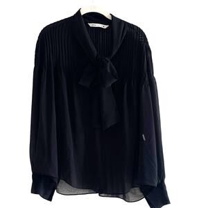 Zara Black Pleated Tie Neck Chiffon Blouse Size Large